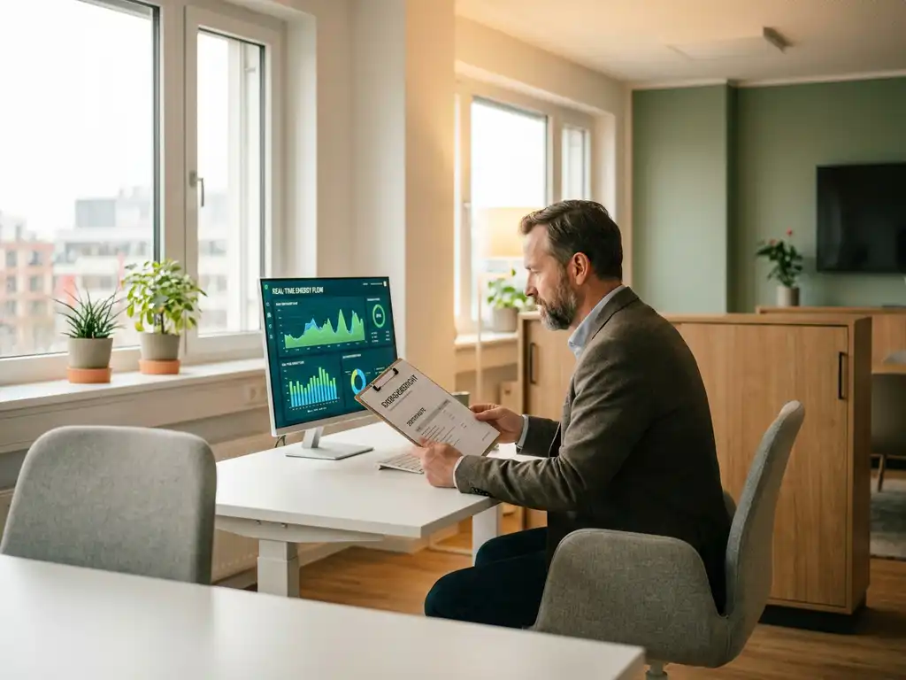 Energiemanager prüft Compliance-Dokumente auf Klemmbrett neben leuchtendem Energie-Monitoring-Dashboard im modernen deutschen Büro.