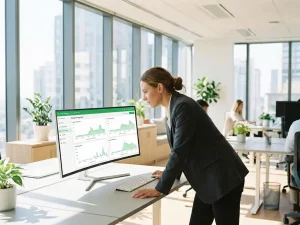 Energiemanager im Büro analysiert Multisite-Dashboard mit grünen Verbrauchskurven auf großem Monitor, natürliches Tageslicht.
