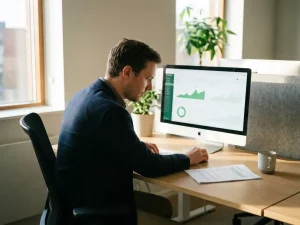 Energiemanager im Businessoutfit analysiert Verbrauchsgraphen auf hellem Monitor, Tageslichtatmosphäre, moderner minimalistischer Schreibtisch.