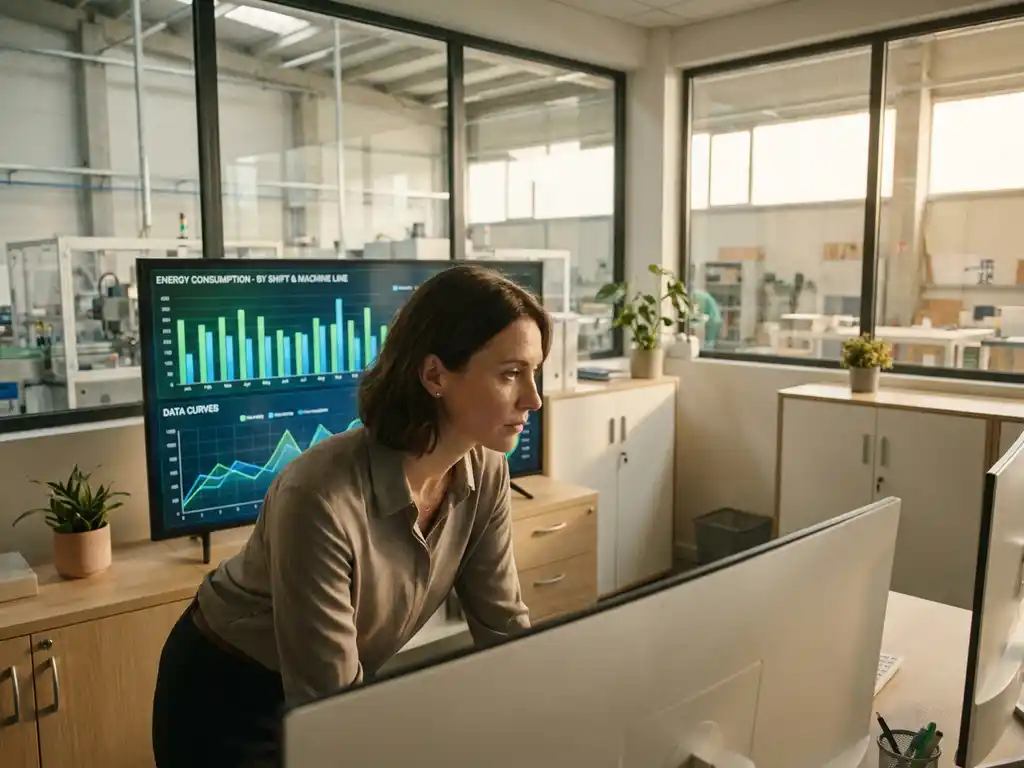 Energiemanager analysiert Dashboard mit farbcodierten Balkendiagrammen zum Energieverbrauch nach Produktionsschichten in hellem Büro.