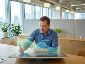 Energiemanager analysiert Verbrauchs- und Optimierungskurven auf einem Monitor in einem modernen Büro mit Tageslicht.