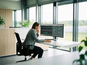Energiemanager analysiert Echtzeit-Verbrauchskurven und Grünenergie-Diagramme an hellem Monitor in modernem Kontrollraum.