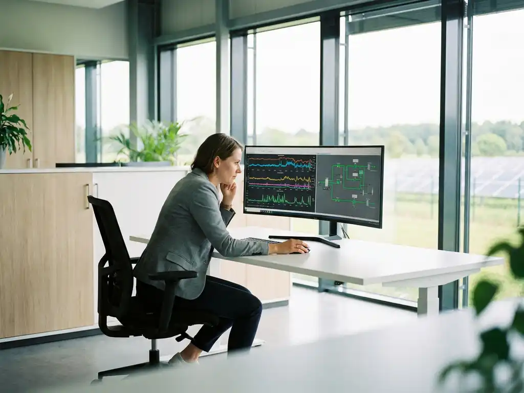 Energiemanager analysiert Echtzeit-Verbrauchskurven und Grünenergie-Diagramme an hellem Monitor in modernem Kontrollraum.