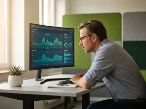Energiemanager analysiert Echtzeit-Verbrauchsgraphen auf Monitor, grüne und blaue Effizienz­kurven, modernes Büro mit Tageslicht.
