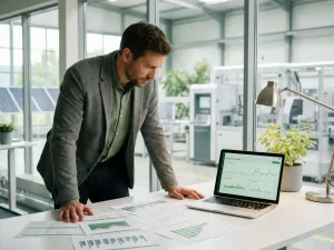 Energiemanager analysiert ausgedruckte Energiebilanzdiagramme am Schreibtisch mit Laptop, modernes Industriegebäude im Hintergrund.