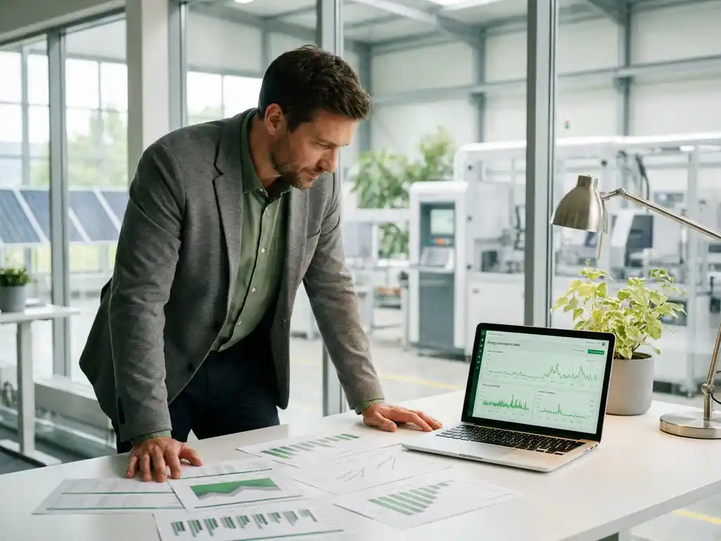Energiemanager analysiert ausgedruckte Energiebilanzdiagramme am Schreibtisch mit Laptop, modernes Industriegebäude im Hintergrund.