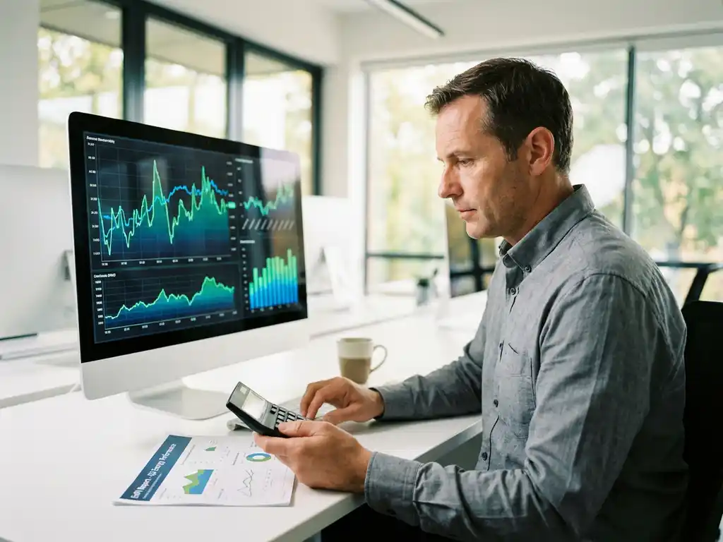 Energiemanager analysiert EnPI-Kennzahlen auf Monitor mit grünen Leistungsdiagrammen, Ausdruck und Taschenrechner auf hellem Schreibtisch.