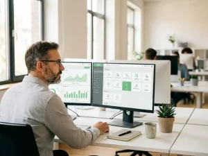 Energiemanager mittleren Alters analysiert Energieverbrauchsgraphen und ERP-Dashboard auf zwei Monitoren in modernem deutschen Büro.