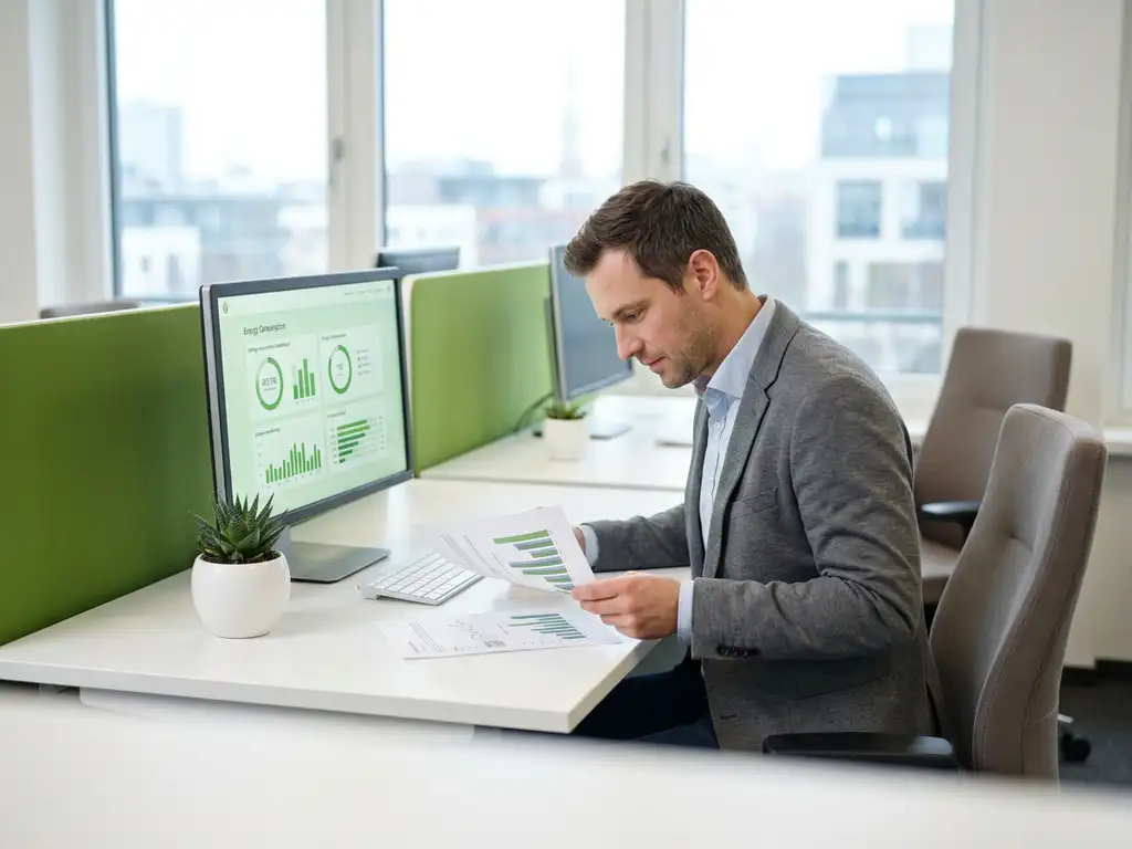 Energiemanager prüft ESG-Compliance-Diagramme neben Monitor mit Energieverbrauchsgrafiken in modernem Berliner Büro mit Tageslicht.
