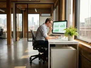Energiemanager analysiert grüne Verbrauchsgrafiken auf Monitor in modernem Büro mit Tageslicht und Zimmerpflanze.