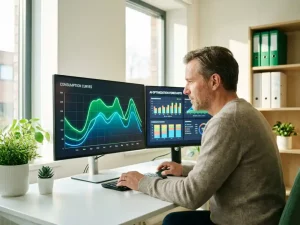 Energiemanager analysiert grüne und blaue Verbrauchskurven auf Monitor mit KI-Optimierungsprognosen im modernen Büro.