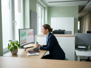 Energiemanager im Krankenhaus analysiert bunte Verbrauchsgraphen auf einem Monitor an einem modernen Schreibtisch bei Tageslicht.