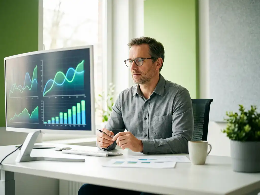 Energiemanager analysiert Lastprofilkurven und Verbrauchsgraphen auf modernem Büromonitor bei Tageslicht.