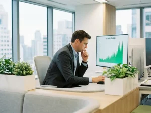 Energiemanager analysiert einen starken Lastspitzengraphen auf einem Monitor in einem modernen, lichtdurchfluteten Büro.