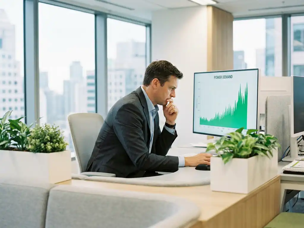 Energiemanager analysiert einen starken Lastspitzengraphen auf einem Monitor in einem modernen, lichtdurchfluteten Büro.