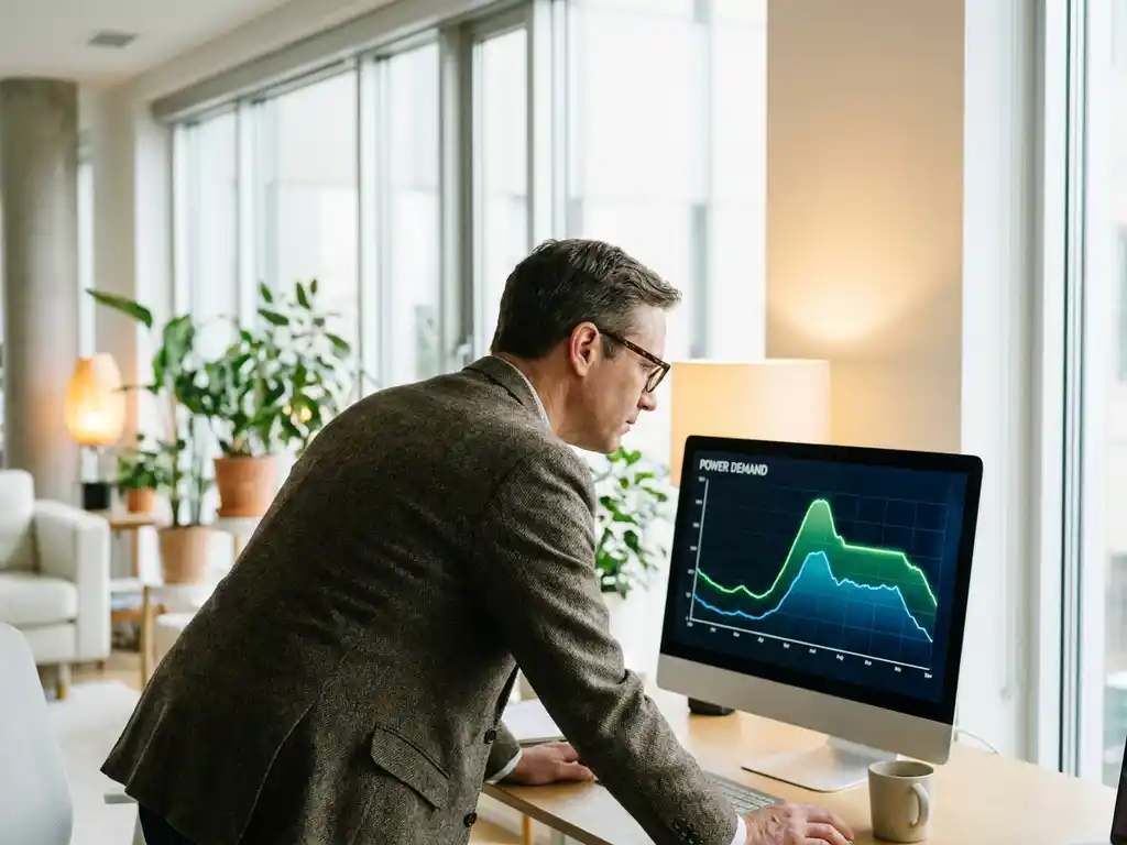 Energiemanager analysiert Stromverbrauchskurven mit Lastspitzenreduktion auf modernem Büromonitor.
