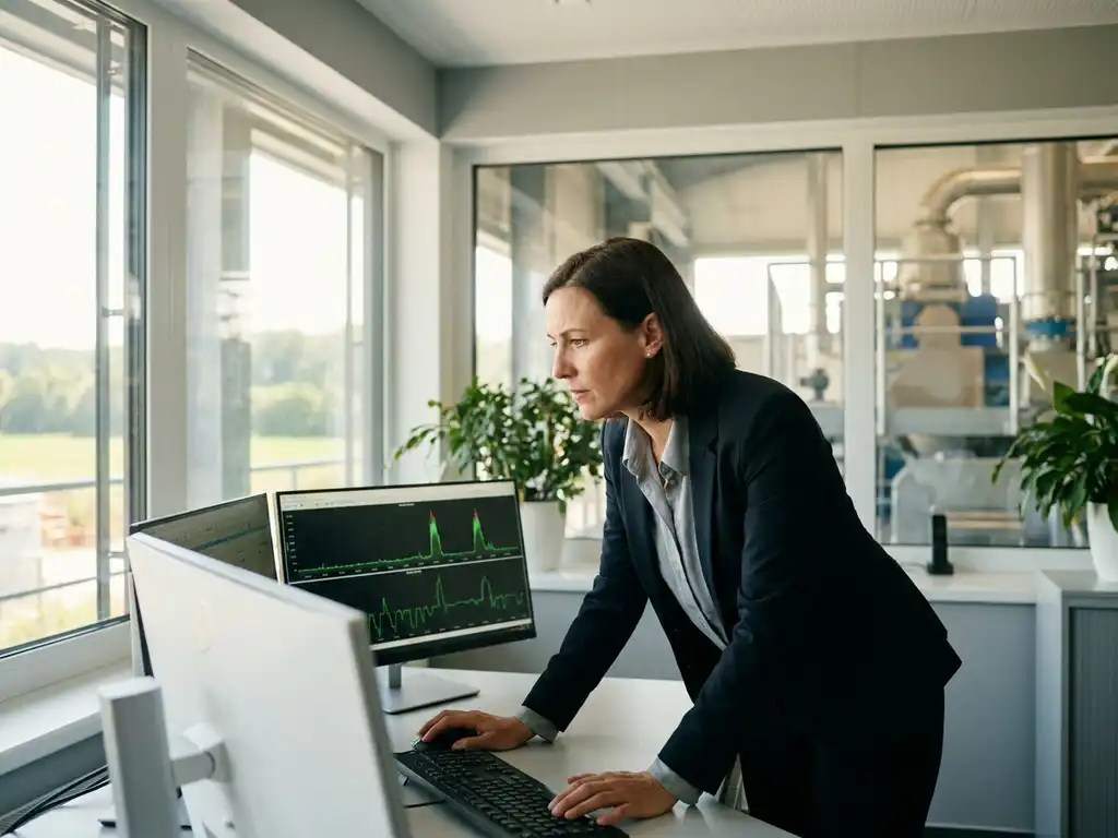 Energiemanager in Berufskleidung justiert automatisierte Lastpläne auf Monitor mit grünen Verbrauchskurven, moderner Industrieleitraum.