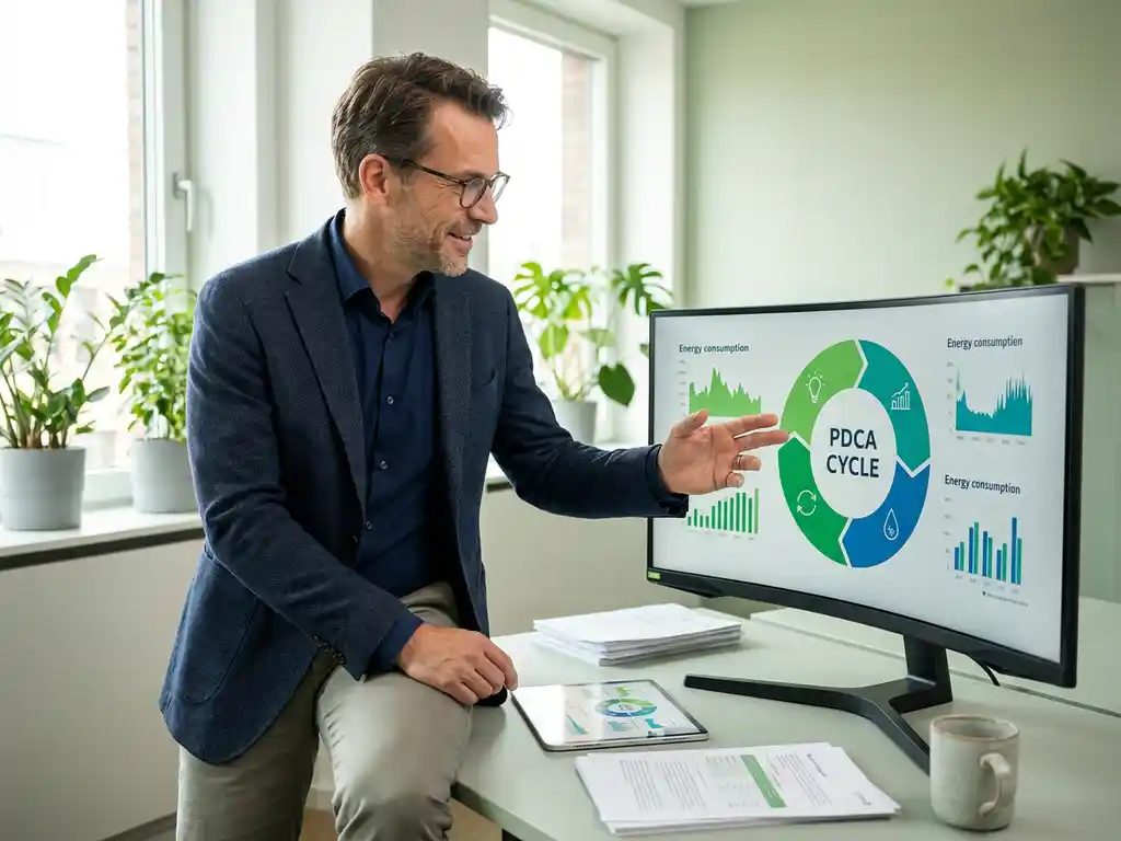 Energiemanager in den 40ern analysiert PDCA-Zyklus-Diagramm auf Monitor mit Energieverbrauchsgrafiken im modernen Büro.