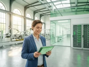 Energiemanager prüft Effizienz-Dashboard auf Tablet in moderner Produktionshalle mit Automotive- und Serverraum-Bereichen.