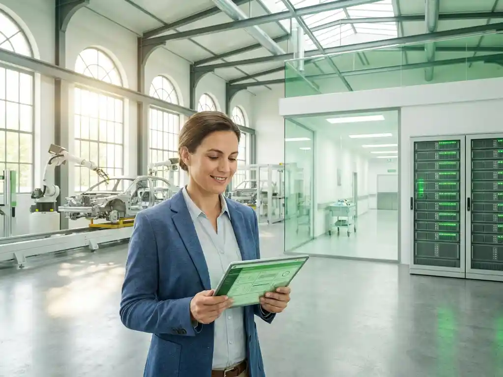 Energiemanager prüft Effizienz-Dashboard auf Tablet in moderner Produktionshalle mit Automotive- und Serverraum-Bereichen.
