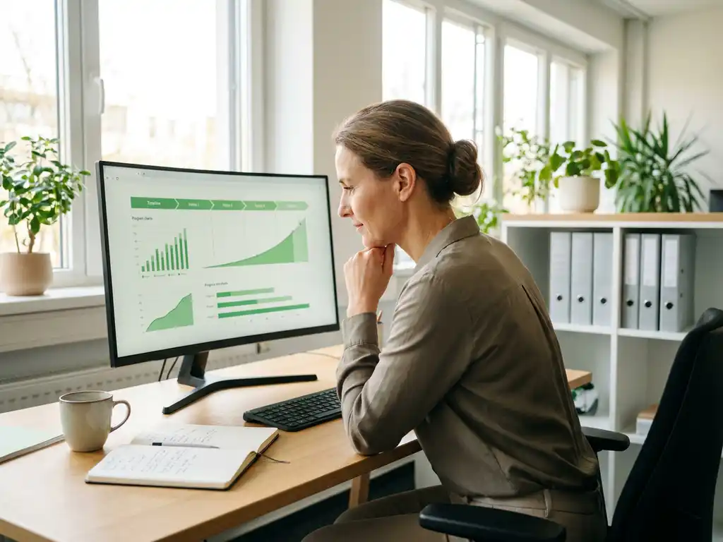 Energiemanager mittleren Alters analysiert grüne Fortschrittscharts auf modernem Monitor in hellem deutschem Büro mit Tageslicht.