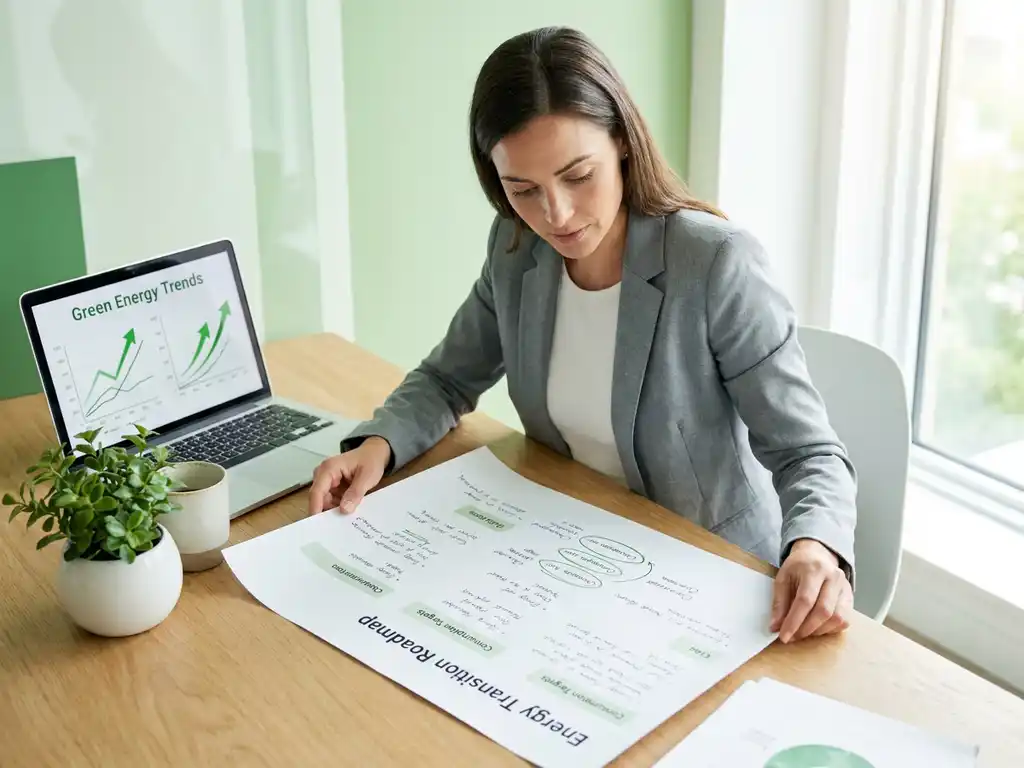 Energiemanager im Büro prüft Roadmap mit Meilensteinen, Laptop zeigt grüne Energiediagramme, Tageslicht, optimistische Atmosphäre.