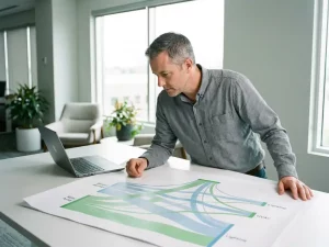 Energiemanager analysiert Sankey-Diagramm mit grünen und blauen Flussbändern auf hellem Schreibtisch, Laptop daneben, modernes Büro.