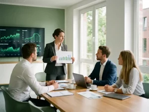 Energiemanager präsentiert Verbrauchsdiagramme einem Team im modernen Büro, grüne Graphen auf Wandbildschirm im Hintergrund.