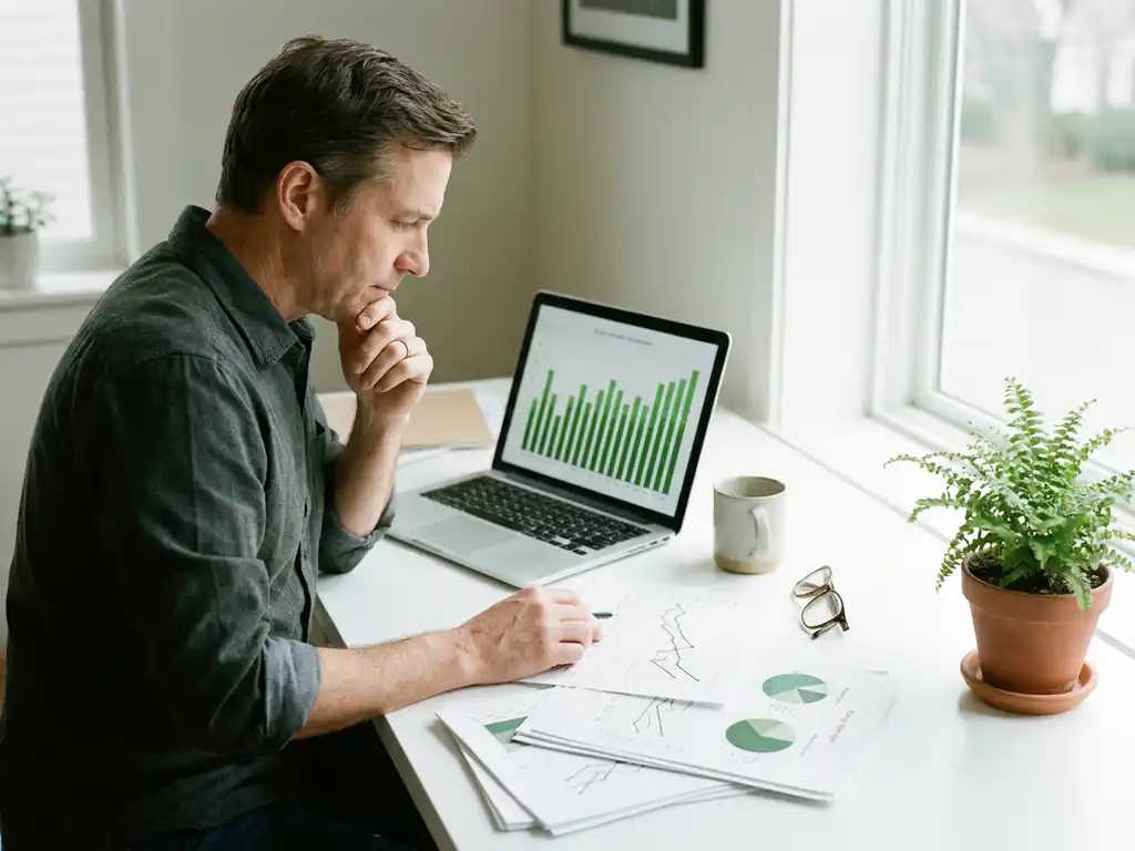Energiemanager analysiert Verbrauchsdiagramme am Schreibtisch mit geöffnetem Laptop und grünen Balkendiagrammen im Büro.