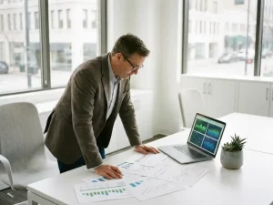 Energiemanager analysiert Verbrauchsdiagramme am Schreibtisch, Laptop mit Effizienzgraphen daneben, modernes deutsches Büro mit Tageslicht.