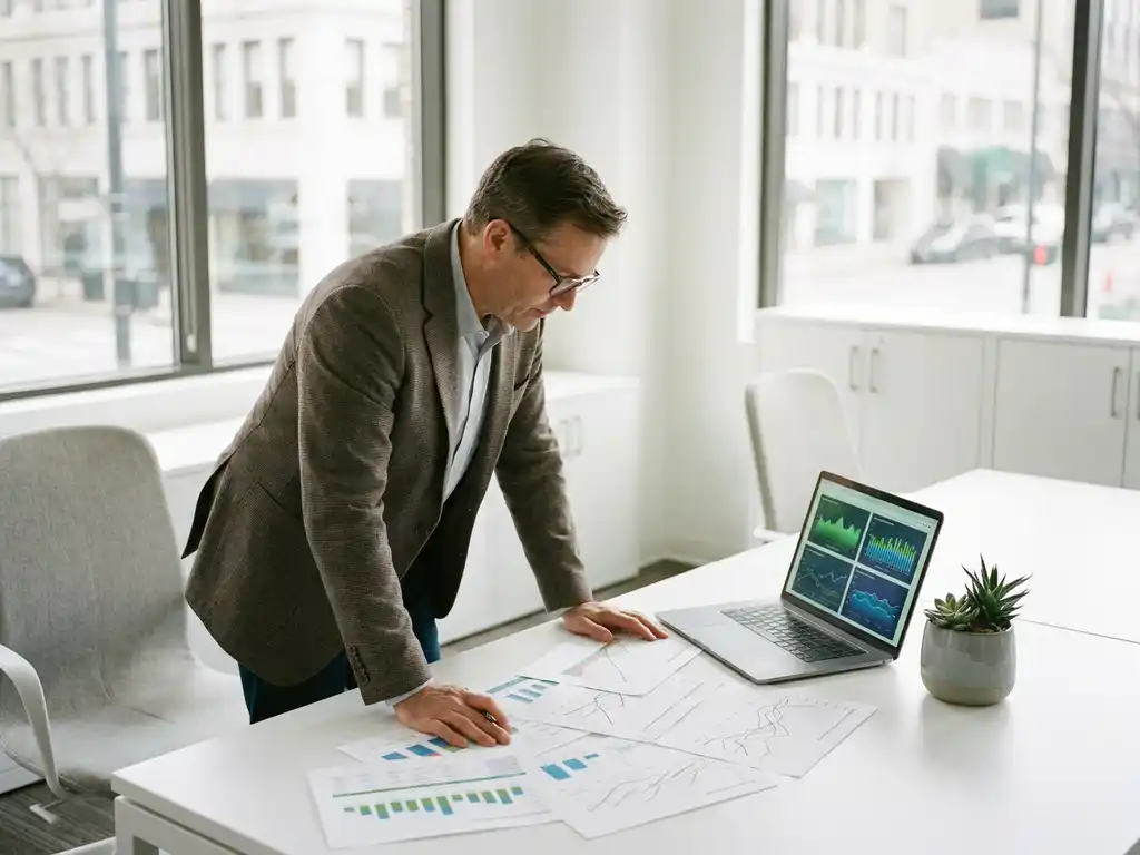 Energiemanager analysiert Verbrauchsdiagramme am Schreibtisch, Laptop mit Effizienzgraphen daneben, modernes deutsches Büro mit Tageslicht.
