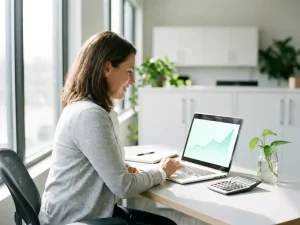 Energiemanager analysiert Verbrauchsdiagramm auf Laptop an aufgeräumtem Schreibtisch mit Taschenrechner und grüner Pflanze.