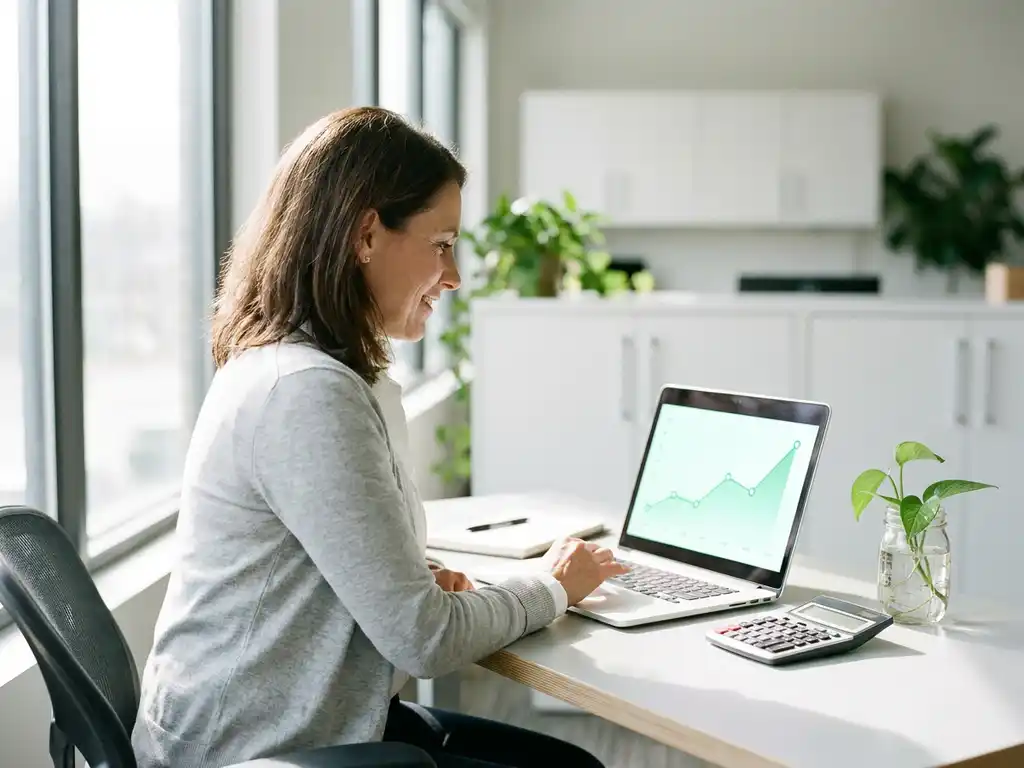 Energiemanager analysiert Verbrauchsdiagramm auf Laptop an aufgeräumtem Schreibtisch mit Taschenrechner und grüner Pflanze.