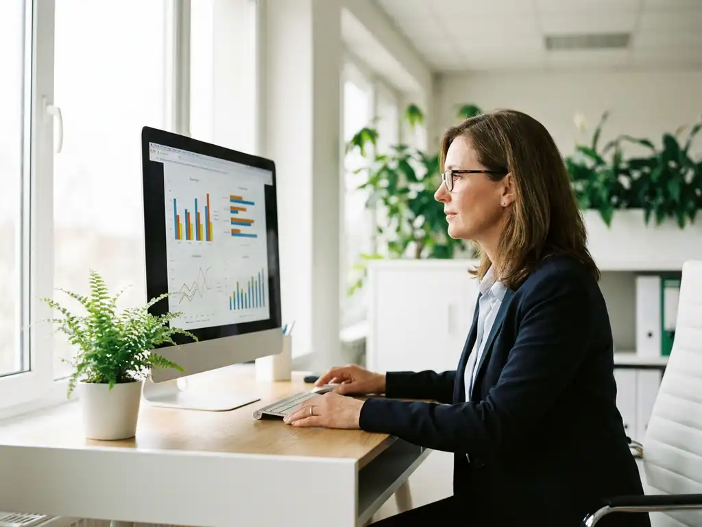 Energiemanager analysiert bunte Verbrauchsgrafiken auf einem Monitor im modernen, lichtdurchfluteten Büro mit Zimmerpflanze.