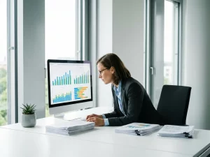 Energiemanager analysiert bunte Verbrauchsgrafiken auf einem Monitor, umgeben von Energieberichten in einem modernen deutschen Büro mit Tageslicht.
