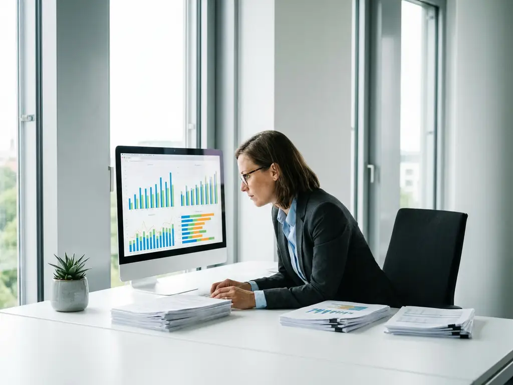 Energiemanager analysiert bunte Verbrauchsgrafiken auf einem Monitor, umgeben von Energieberichten in einem modernen deutschen Büro mit Tageslicht.