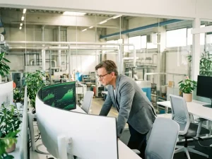 Energiemanager analysiert grüne Verbrauchsgraphen auf modernem Monitor in offenem Büro mit Industriehalle im Hintergrund.