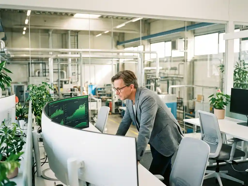 Energiemanager analysiert grüne Verbrauchsgraphen auf modernem Monitor in offenem Büro mit Industriehalle im Hintergrund.