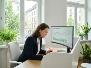 Energiemanager analysiert bunte Verbrauchsgraphen auf einem Monitor in einem modernen, sonnendurchfluteten Büro mit Grünpflanzen.
