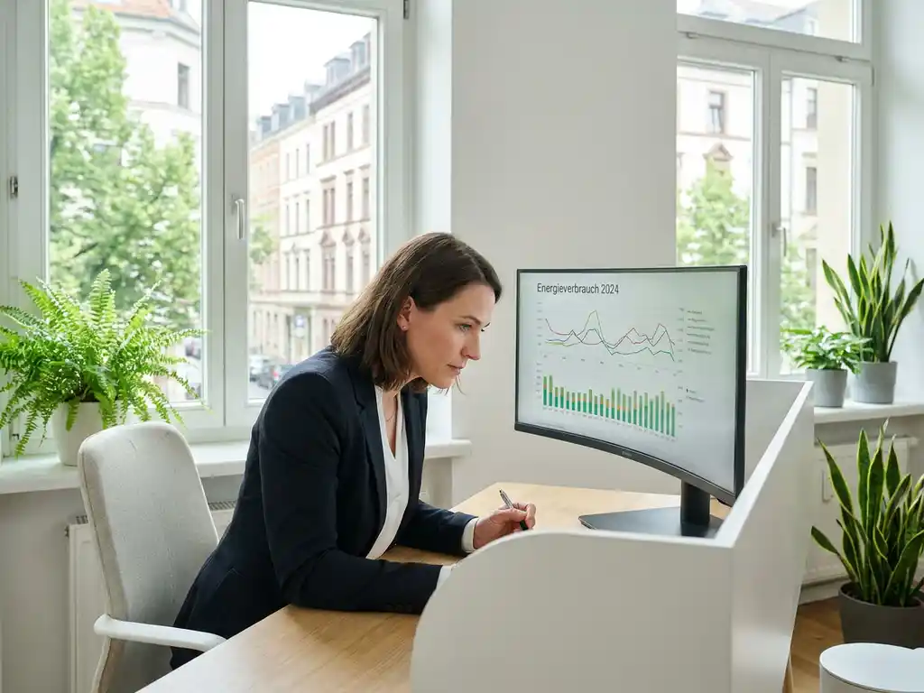 Energiemanager analysiert bunte Verbrauchsgraphen auf einem Monitor in einem modernen, sonnendurchfluteten Büro mit Grünpflanzen.