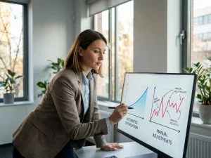 Energiemanager im Büro vergleicht zwei Energieverbrauchskurven auf einem Monitor – eine automatisiert, eine manuell kommentiert.