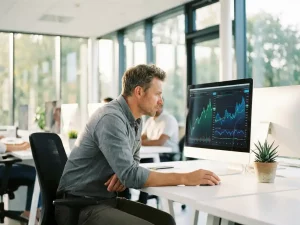 Energiemanager analysiert Verbrauchsgraphen auf Monitor im modernen Büro mit natürlichem Tageslicht.