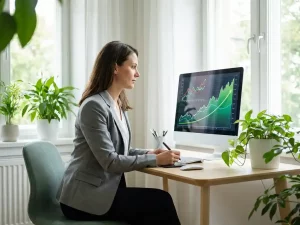 Energiemanager analysiert grüne Verbrauchsgraphen auf modernem Monitor in hellem Büro mit Zimmerpflanzen.