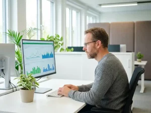Energiemanager analysiert grüne und blaue Verbrauchsgraphen auf einem Monitor in einem modernen Büro mit Tageslicht.