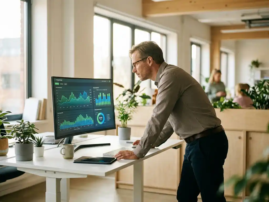 Energiemanager analysiert Verbrauchskurven und Dashboard-Diagramme auf einem Monitor in einem modernen, sonnendurchfluteten Büro.