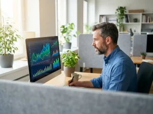 Energiemanager analysiert Verbrauchsdiagramme mit grünen und blauen Kurven auf einem Monitor im modernen Büro mit Tageslicht.