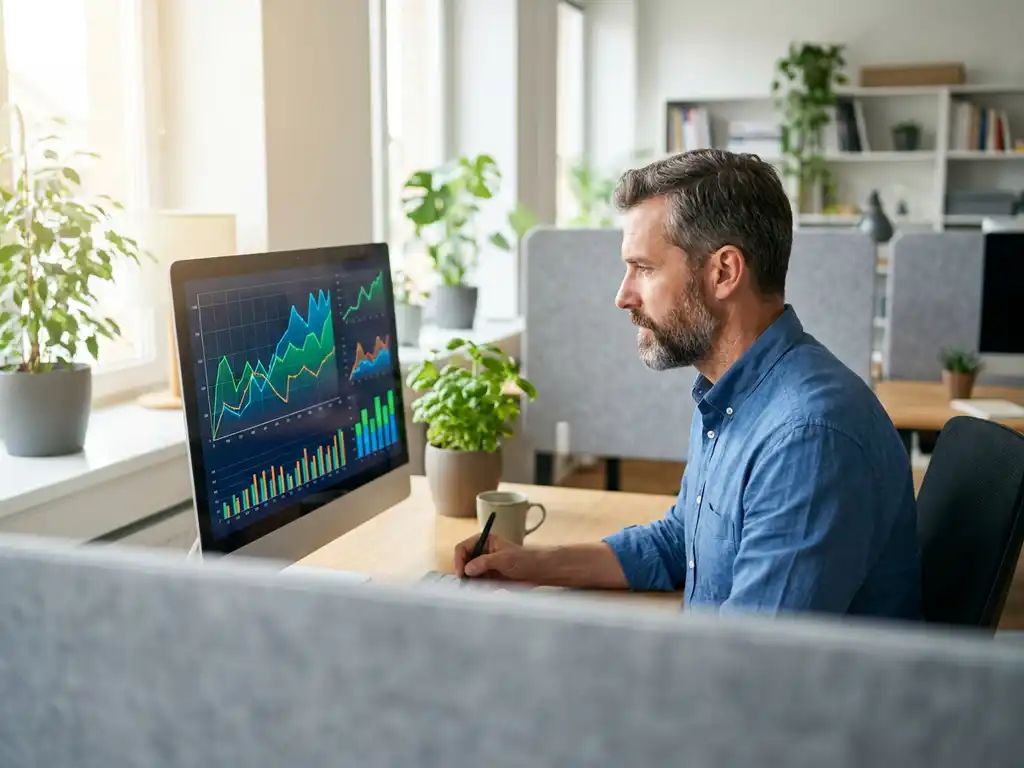 Energiemanager analysiert Verbrauchsdiagramme mit grünen und blauen Kurven auf einem Monitor im modernen Büro mit Tageslicht.