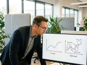 Energiemanager analysiert zwei Energieverbrauchsgraphen auf hellem Monitor in modernem Büro mit Tageslicht.