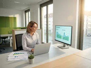 Energiemanager analysiert grüne und blaue Verbrauchsgrafiken auf einem Monitor im modernen Büro mit Tageslicht.