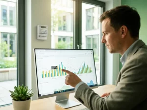 Energiemanager analysiert bunte Verbrauchsdiagramme auf Monitor im modernen deutschen Büro, Smart Meter im Hintergrund sichtbar.